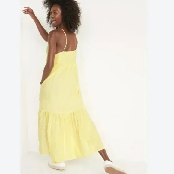 Old Navy Tiered Embroidered Maxi Swing Embroidered Sundress Yellow Size Medium - Picture 2 of 7